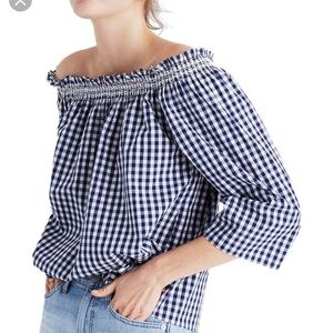 Madewell Navy Gingham Off-Shoulder Blouse
